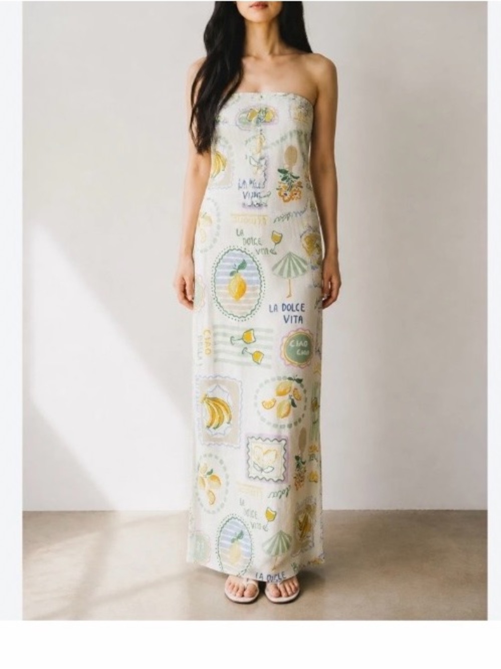 Paper Heart vacation print linen blend strapless maxi dress